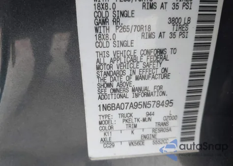 2005 Nissan Titan Se из США, поврежденный, VIN 1N6BA07A95N578495